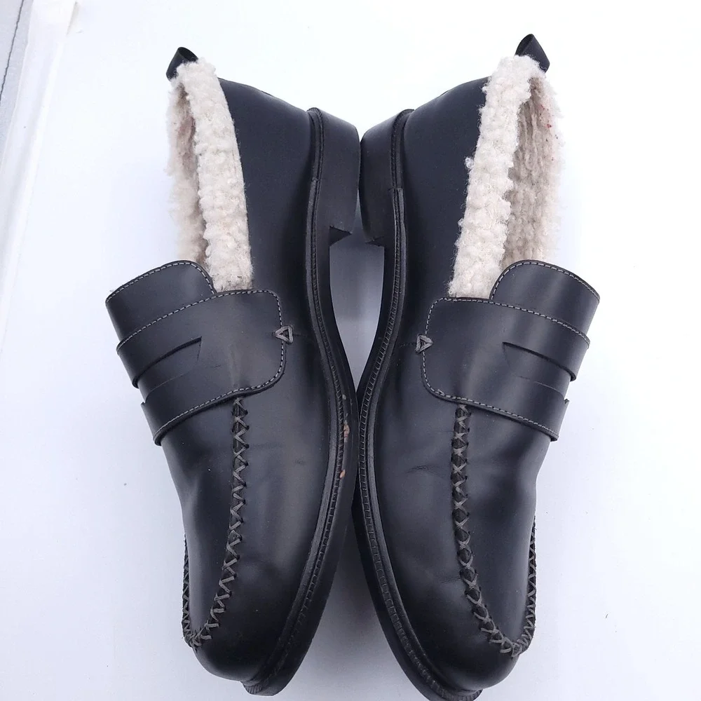 Kelsi Dagger Fur Lined Penny Loafer Womens US 12 Matte Black Moc Toe Leather